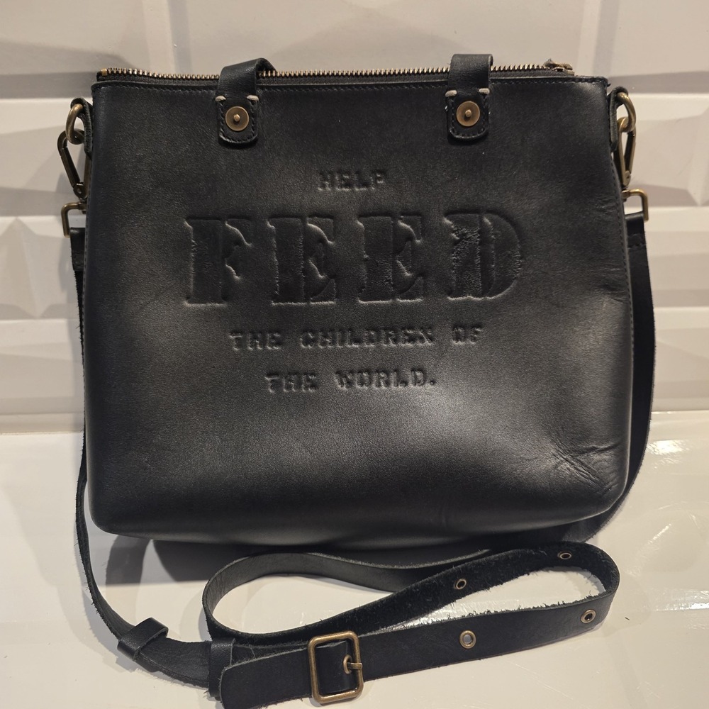 Feed Help Feed The Children Of The World 50 Leather Crossbody Tote Handbag EUC